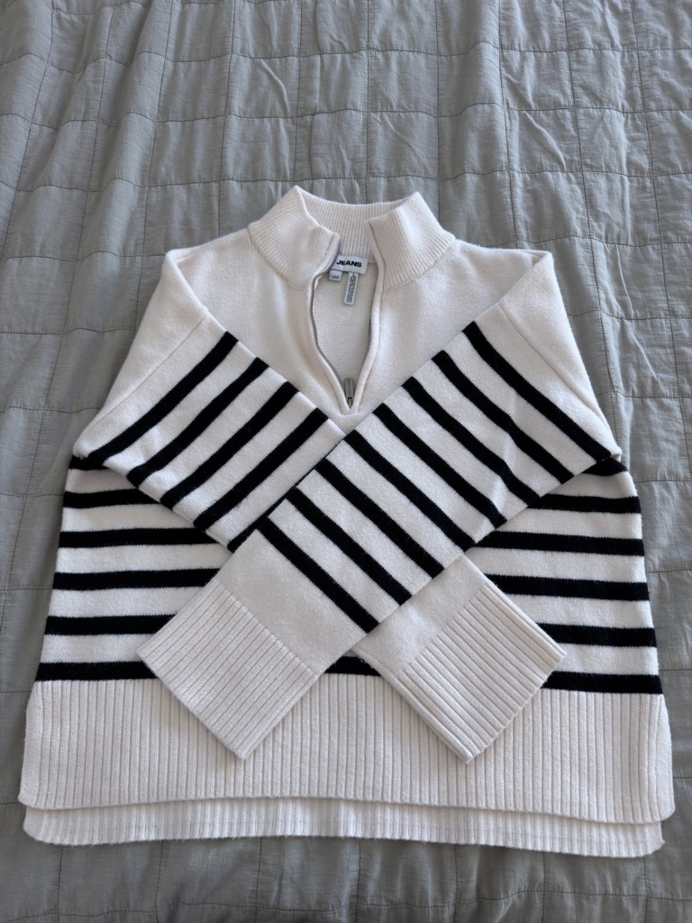 DKNY Jeans Striped Quarter Zip Sweater Cream Black Size L